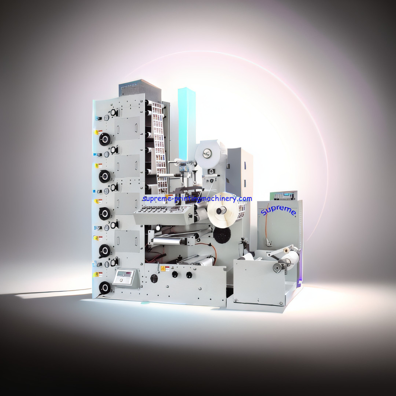 LABEL LOGO FLEXO PRINTING MACHINE web guide ultrasonic type 1 die cutting station separate unwinding two tower slitting